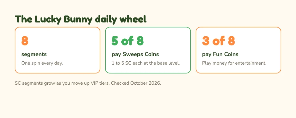 Lucky Bunny daily wheel: 8 segments, 5 pay 1 to 5 Sweeps Coins, 3 pay Fun Coins