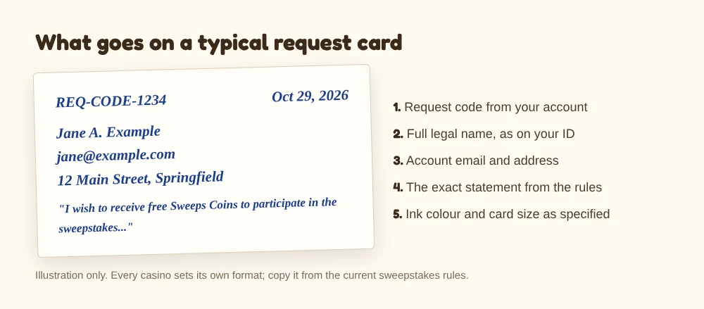 Example sweepstakes mail-in request card showing request code, date, legal name, email, address and required statement